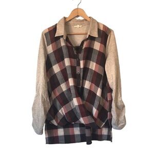 Mystree plaid long sleeve button front wrap tunic top size Large